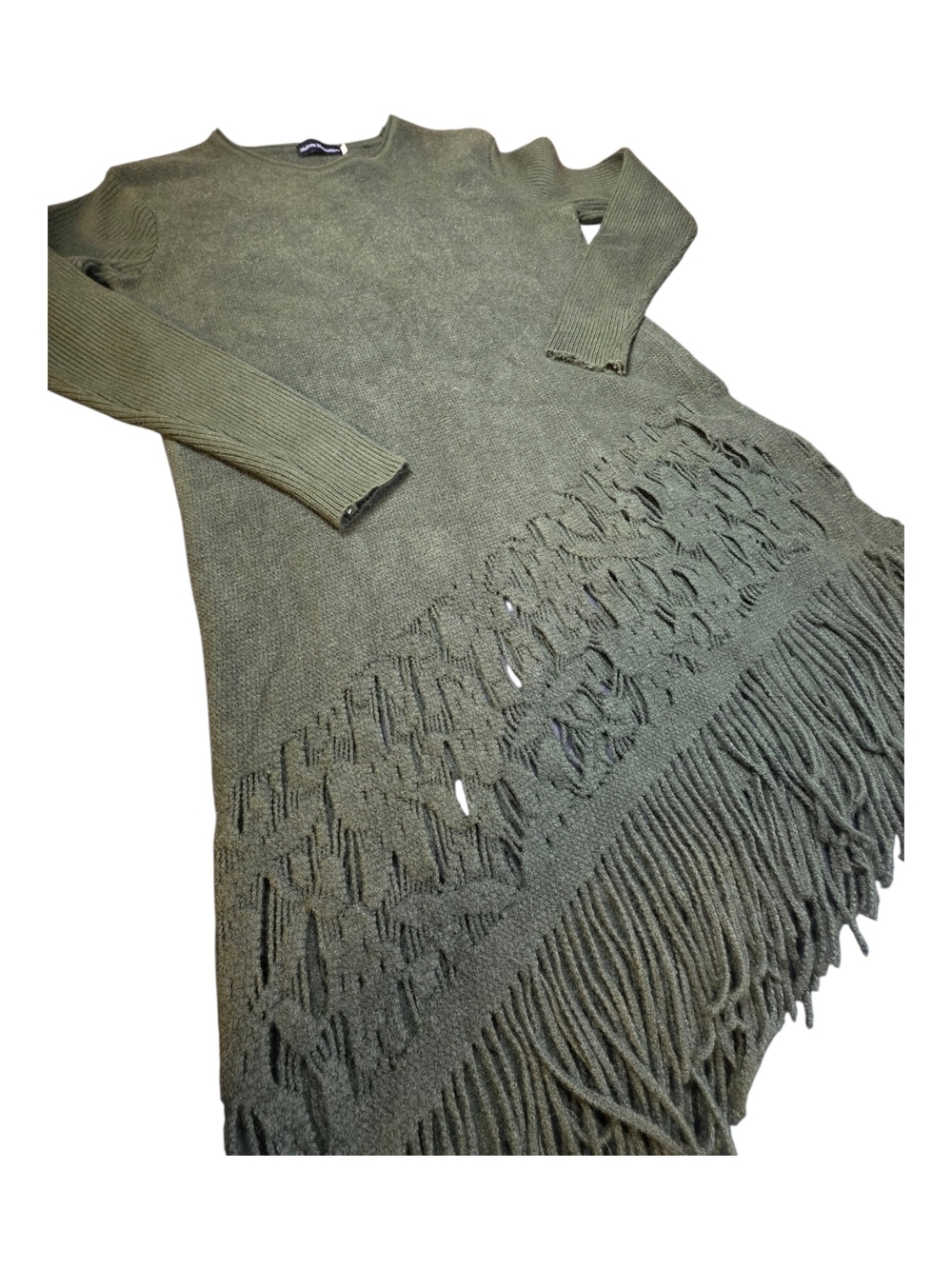 Maison Mascallier Olive Green Distressed Fringe Knit Sweater Dress XL